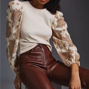 NWT Anthropologie DOLAN Lace Puff-Sleeve Top Cream Size XS Long sleeve